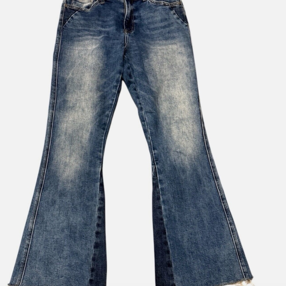 Altar'd State Women's Wide Leg Flare Denim Jeans Size 29 Distressed Hem Two Tone